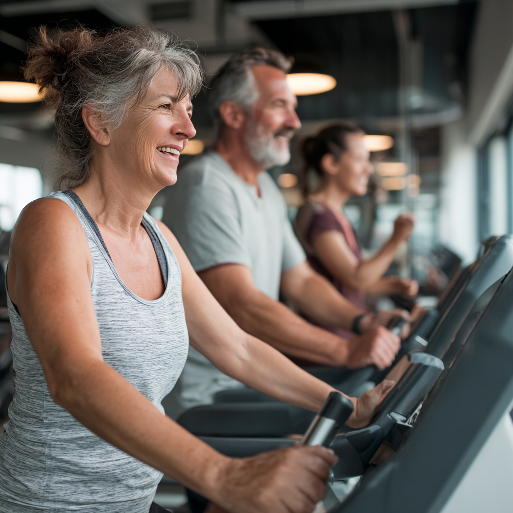 Middle-aged adults exercising in modern fitness facility