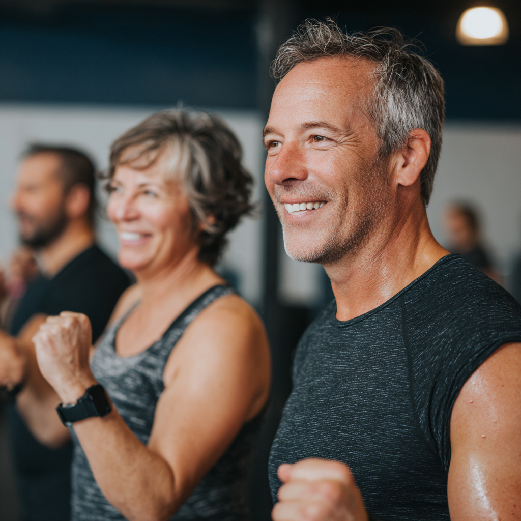 Middle-aged men and women training together in group session